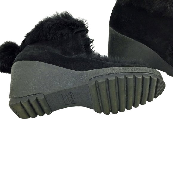 COACH Kataya Black Suede Rabbit Fur Trim Lace Up Wedge‎ Booties - Picture 6 of 10